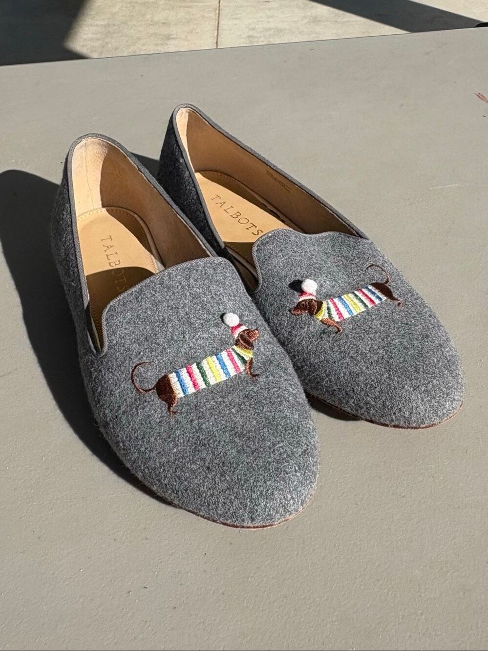 Talbots Ryan Loafers Dachshund Felt Gray Women 8.5 Preppy Whimsical Slip On Shoe